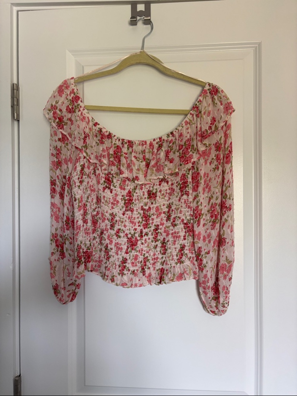 Zara Pink Floral Smocked Off-Shoulder Blouse